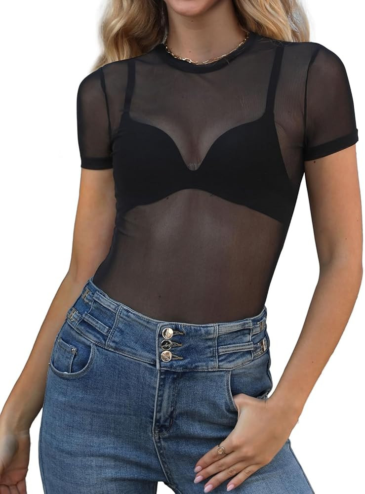 WIHOLL Womens Short Sleeve Mesh Tops Sexy Crew Neck Summer Loose FIt Party Clubwear Shirts | Amazon (US)