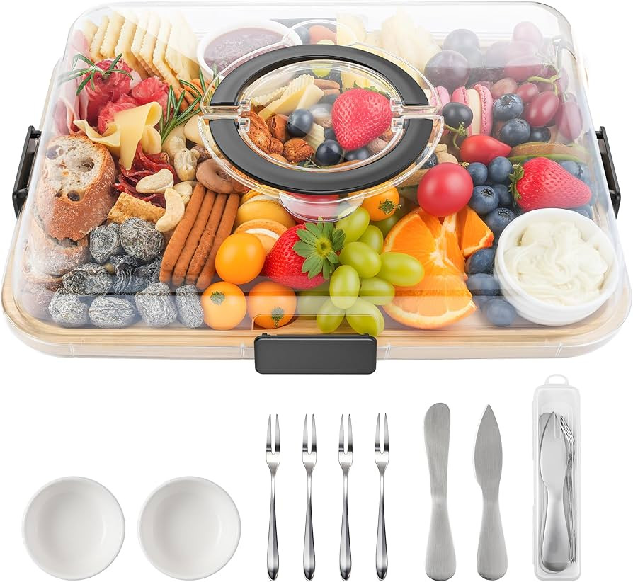 Charcuterie Board with Lid and Handle, Portable Travel Design Bamboo Cheese Board with Knife Set,... | Amazon (US)