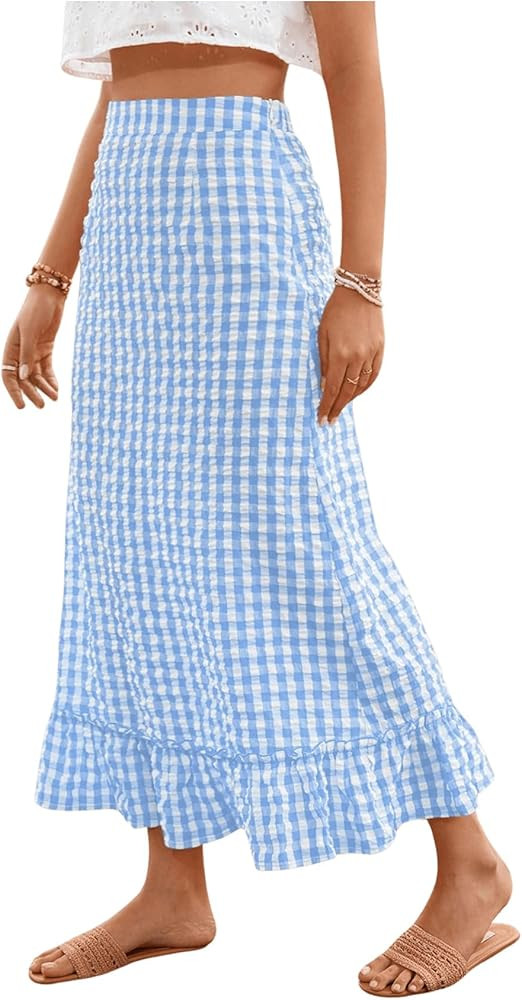 SHENHE Women's Gingham Skirt Long Ruffle Hem A Line High Waist Plaid Maxi Skirt | Amazon (US)