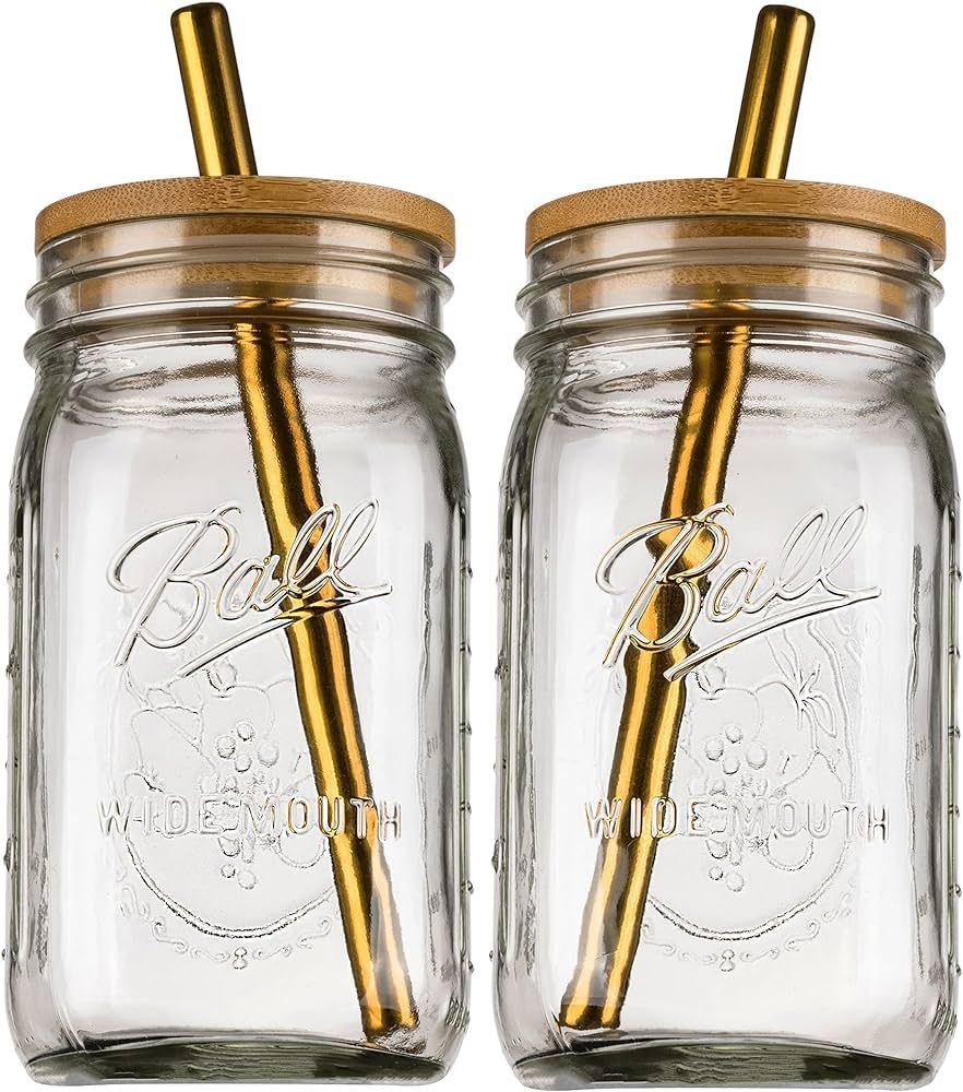 Reusable Boba Bubble Tea & Smoothie Cups - 2 Glass Wide Mouth 32oz Mason Jars with Bamboo Lids - ... | Amazon (US)