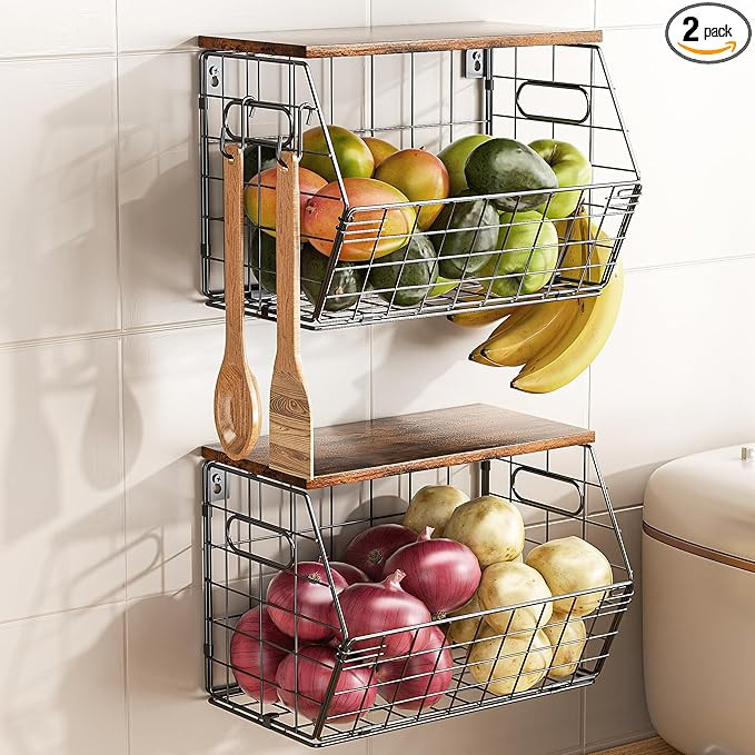 Delamu 2-Pack Stackable Metal Fruit Basket with Wood Lid - Wall Mounted & Countertop Organizer fo... | Amazon (US)