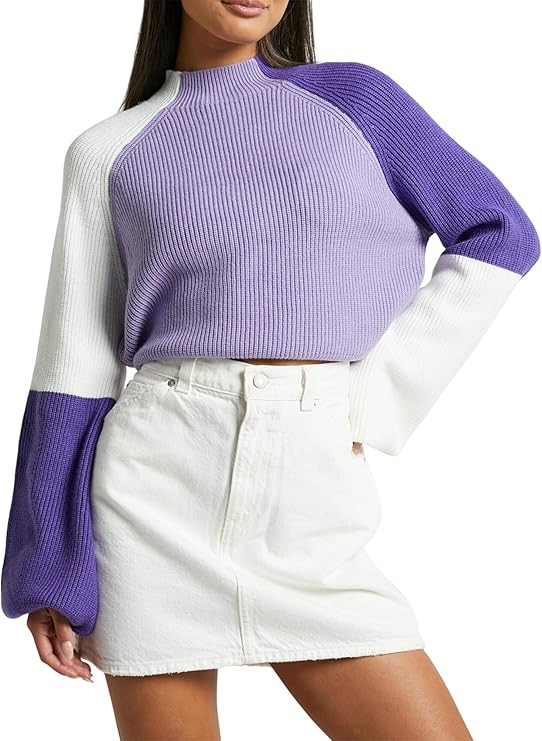 ZAFUL Women's Mock Neck Color Block Sweaters Knitted Pullover Jumper Tops Casual Lantern Sleeve C... | Amazon (US)