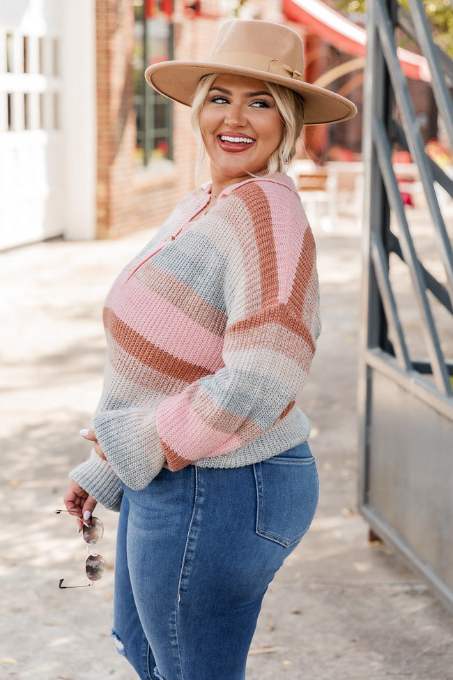 Changing Aura Pink Multicolor Striped Collared Henley Sweater | Pink Lily