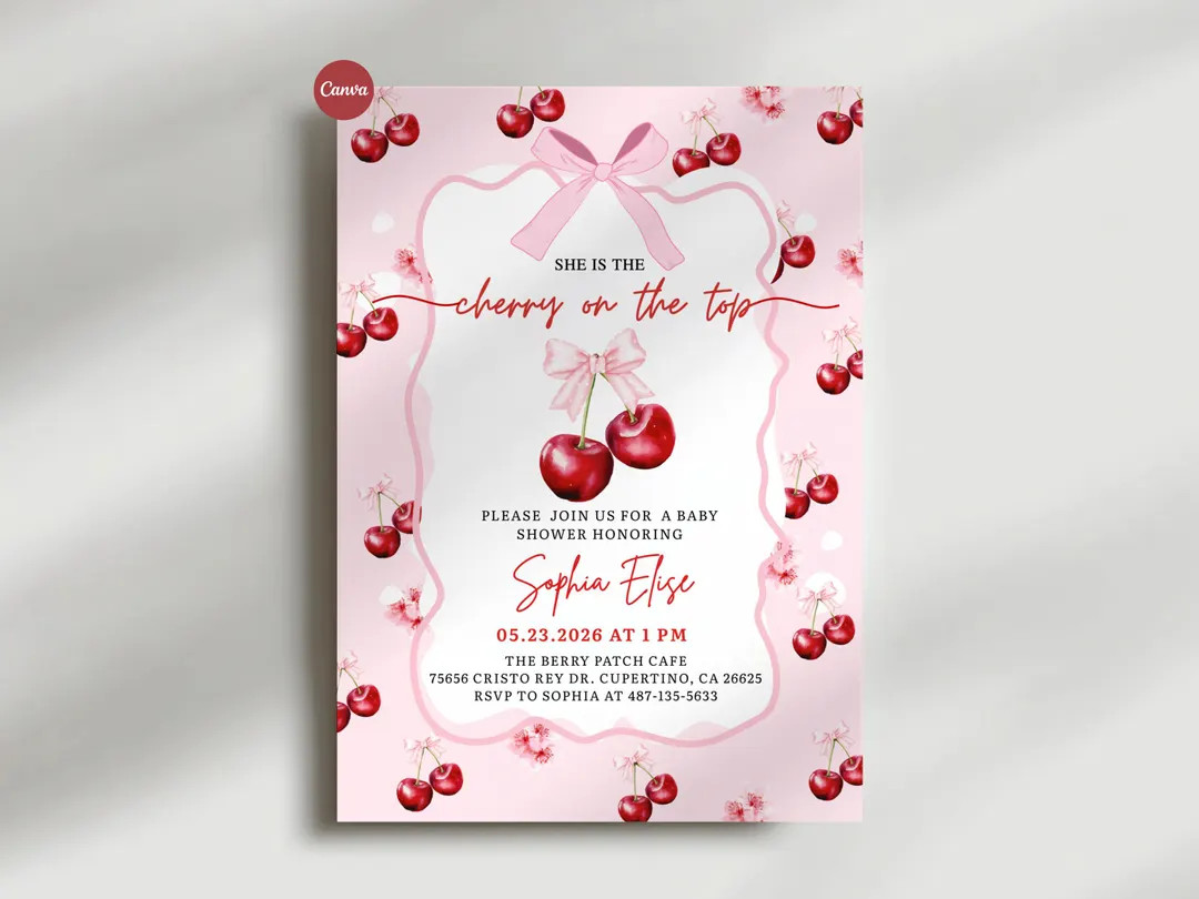 She is the Cherry on Top Baby Shower Invitation, Cherry Girl Baby Shower Invite, Pink Cherry Baby... | Etsy (US)