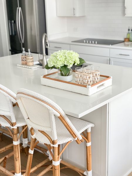 Love this new rattan tray with my Serena & Lily counter stools! 

White kitchen, kitchen stools, counter stools, kitchen decor, fake hydrangeas, faux hydrangeas, coastal kitchen, coastal home 

#LTKstyletip #LTKhome #LTKFind