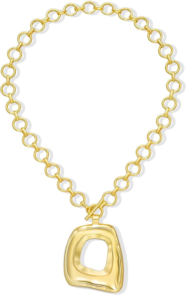 17 MILE Chunky Gold Necklace for Women, 14K Gold Plated Vintage Boho Big Matte Asymmetrical Hollo... | Amazon (US)
