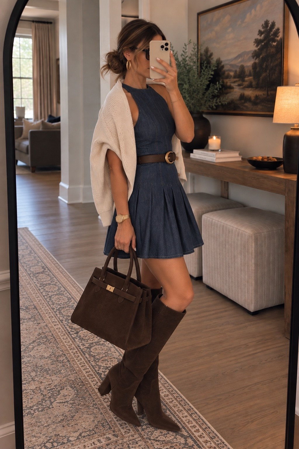 This might be one of my favorite new Abercrombie dresses for fall 🤎 The dark chambray, high neckline and pleated skirt make it so easy to dress up or down. I styled it with tall chocolate boots, a brown belt, structured bag and cream cardigan for the prettiest fall color combination. #Abercrombie #FallDress #FallOutfitInspo #Over40Fashion #LTKStyle

#LTKSaleAlert #LTKSeasonal #LTKootd