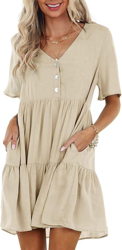 Rilista Womens Summer Dress Button V Neck Short Sleeve Casual Ruffle Hem Flowy Swing Mini Dresses | Amazon (US)