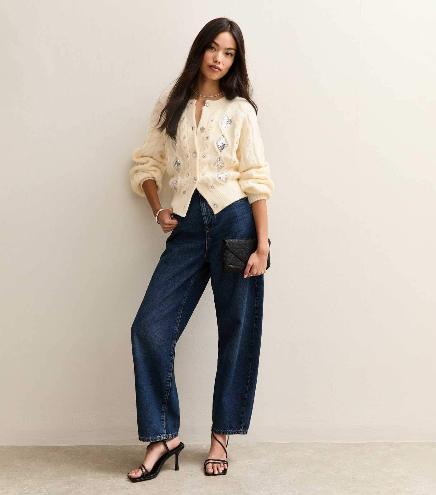 Off White Cable Knit Sequin Embellished Cardigan | New Look | New Look (UK)