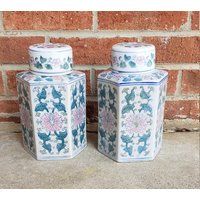 Pair 8"" Vintage Blue & White Pink Green Jars Flower Pattern Ginger Jar Urn Chinese Hand Painted Por | Etsy (US)