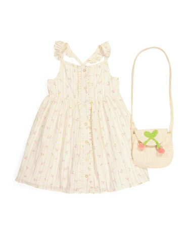 Toddler Girls Button Front Dress With Straw Bag | TJ Maxx