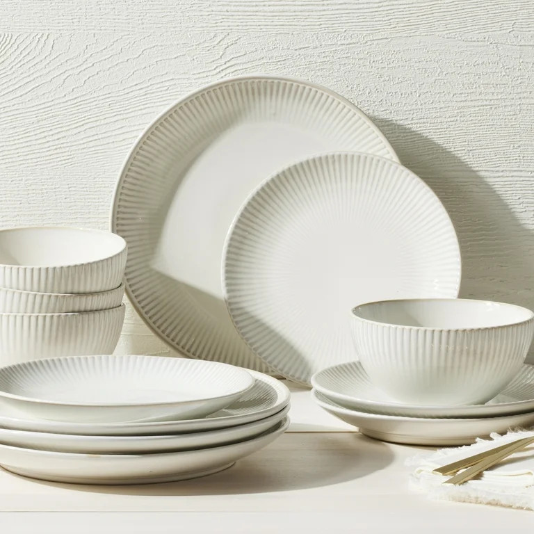 Better Homes & Gardens 12-Piece Stoneware Cream Dinnerware Set, Sawyer Collection | Walmart (US)