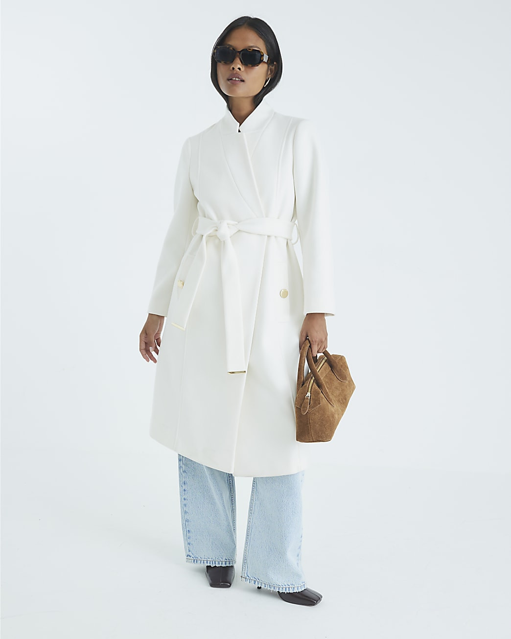 Petite Cream Notch Collar Belted Wrap Coat | River Island UK & IE