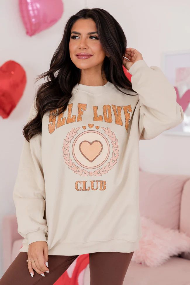 Self Love Club Light Tan Oversized Graphic Sweatshirt | Pink Lily