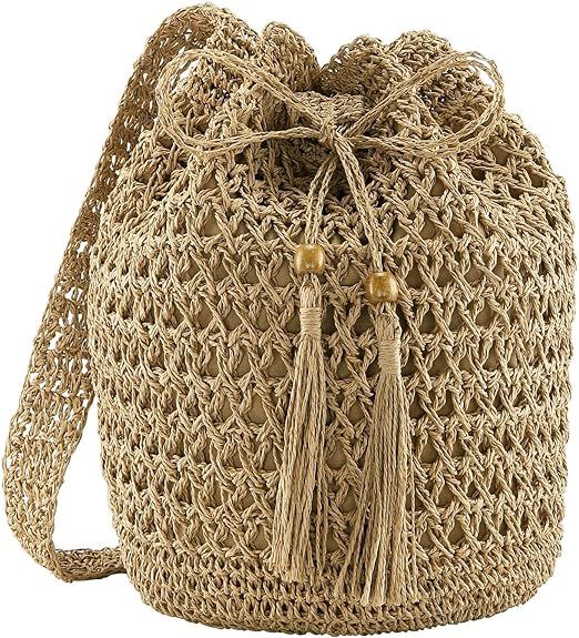 Ayliss Women Beach Handbag Straw Crossbody Shoulder Handbag Summer Beach Handmade Woven Bucket Ba... | Amazon (US)
