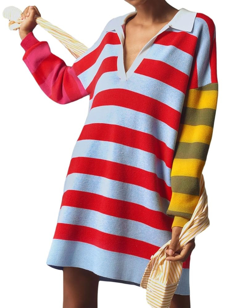 LifeShe Women's Striped Sweater Dress Long Sleeve V Neck Oversized Pullover Sweaters Fall Outfits | Amazon (US)