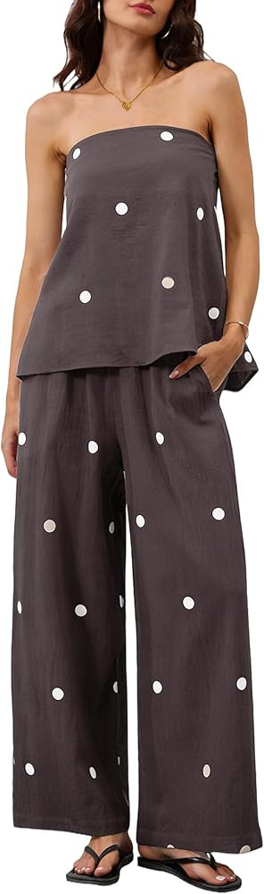 Women 2 Piece Polka Dot Tube Top Set Strapless Bandeau Blouse Wide Leg Spot Print Pants Outfits S... | Amazon (US)