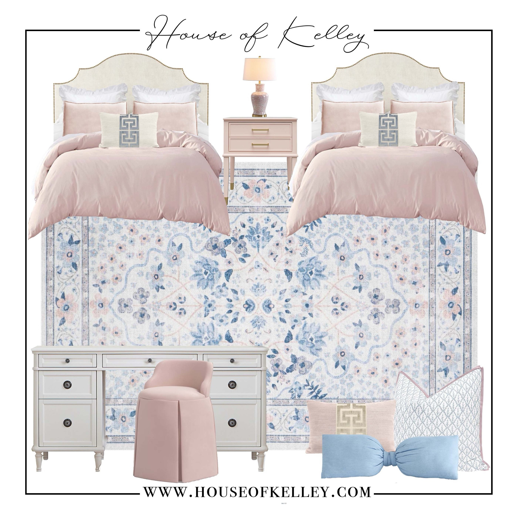 Girl bedroom, teenage girl bedroom, tween bedroom, pink bedroom, blue bedroom, pink bedding, pink throw pillows, decorative pillows, upholstered bed, tan bed, bedroom furniture, white furniture, girl furniture, white desk, white vanity, Wayfair furniture, white nightstand, blue bedroom area rug, rifle paper rug, blue rug, bedroom rug, pink rug, teen rug, girl rug, nightstand lamp, pink lamp, pottery barn teen, interior design, interior decorator, bedroom refresh, Sisters room, shared bedroom, sibling bedroom, twin bedroom. This post contains affiliate links. I may receive commission from this post if you purchase from the link.

#LTKHome #LTKxWayDay #LTKKids