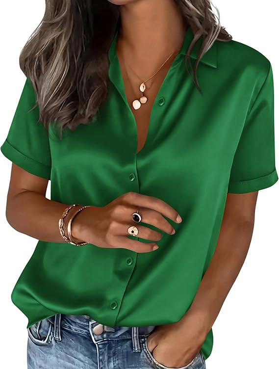 PRETTYGARDEN Womens 2026 Summer Button Down Shirts Short Sleeve Work Tops Dressy Satin Blouses Sp... | Amazon (US)