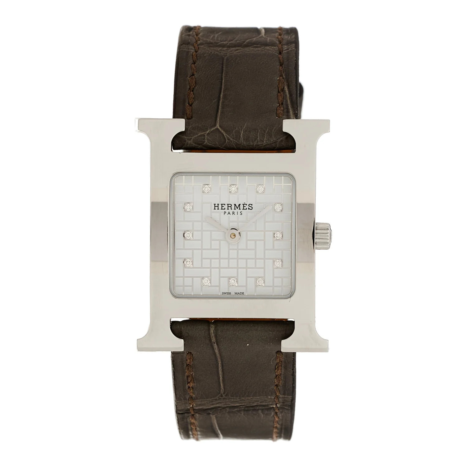 Stainless Steel Alligator Diamond Mother of Pearl 21mm Heure H Hour Quartz Watch Gris Perle | FASHIONPHILE (US)