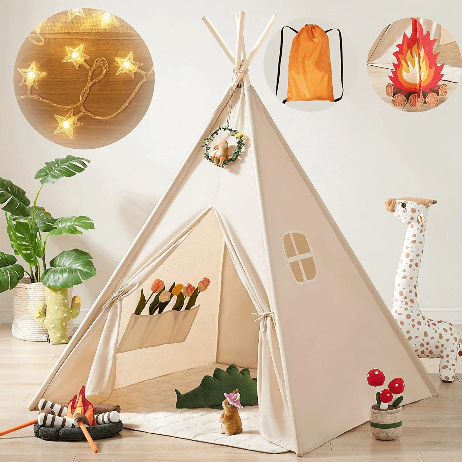 Tiny Land Kids Teepee Tent - Cotton Canvas Play Tent with Lights & Campfire Toy, Ages 3+ Indoor/O... | Walmart (US)