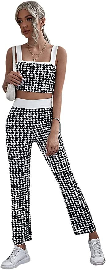 Amazon.com: Milumia Women's Two Piece Outfit Houndstooth Plaid Crop Tank Top and Pants Set Black ... | Amazon (US)
