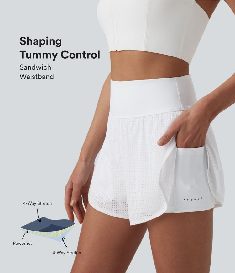 Women’s High Waisted Tummy Control Reflective Dots Crossover Curved Hem 2-in-1 Eyelet Yoga Shor... | HALARA