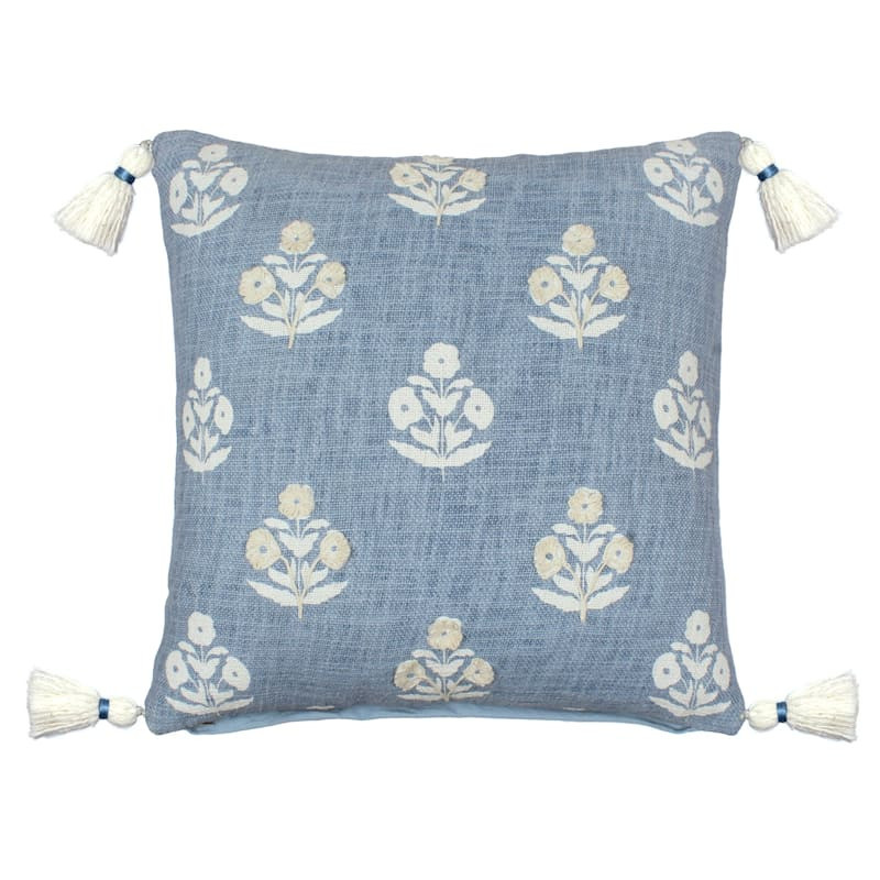 Grace Mitchell Light Blue Embroidered Tassel Throw Pillow, 20" | At Home