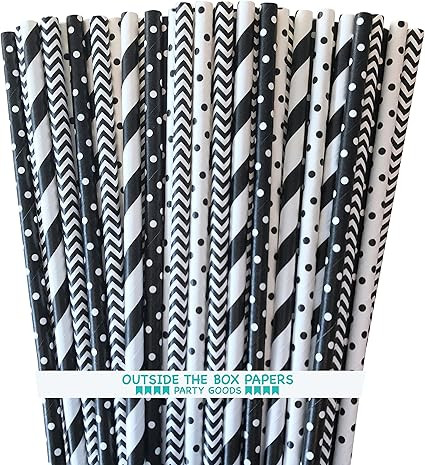 Paper Straws - Black and White - Stripe Chevron and Polka Dot - 7.75 Inches - 100 Pack | Amazon (US)