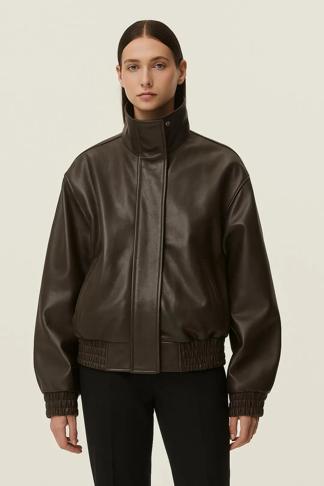 Women’s Brown Leather Bomber Jacket – High Collar Vintage Style - Etsy | Etsy (US)