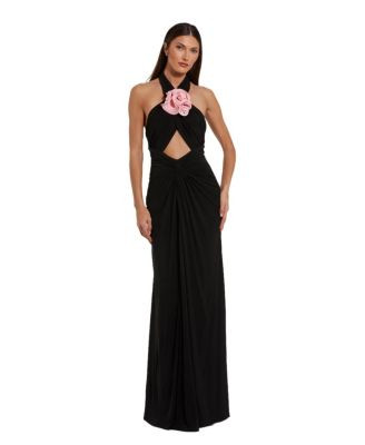 Mac Duggal Women's Jersey Crossover Halter Neck Gown With 3D Flower - Black pink | Macy's