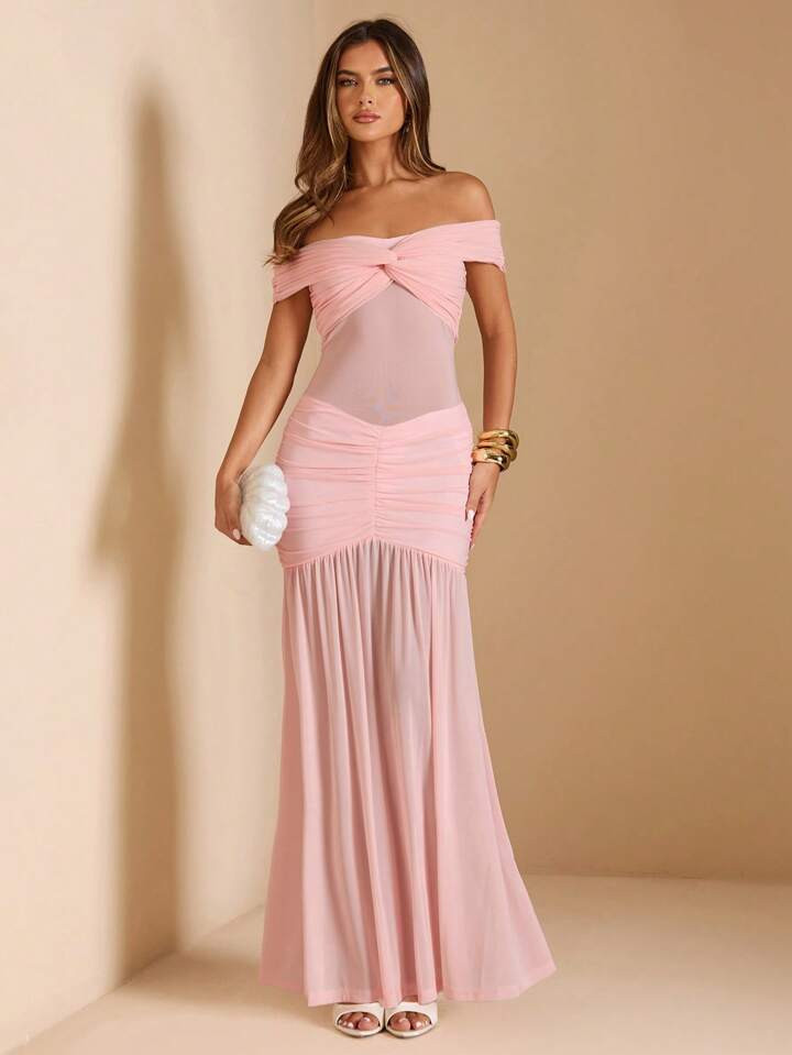 SHEIN BAE Women's Summer Pink Off Shoulder Twist Ruched Dress, Suitable For Graduation Party, Wedding Guest Outfit, Date, Banquet, Party, Sisters Gathering, Vacation | SHEIN