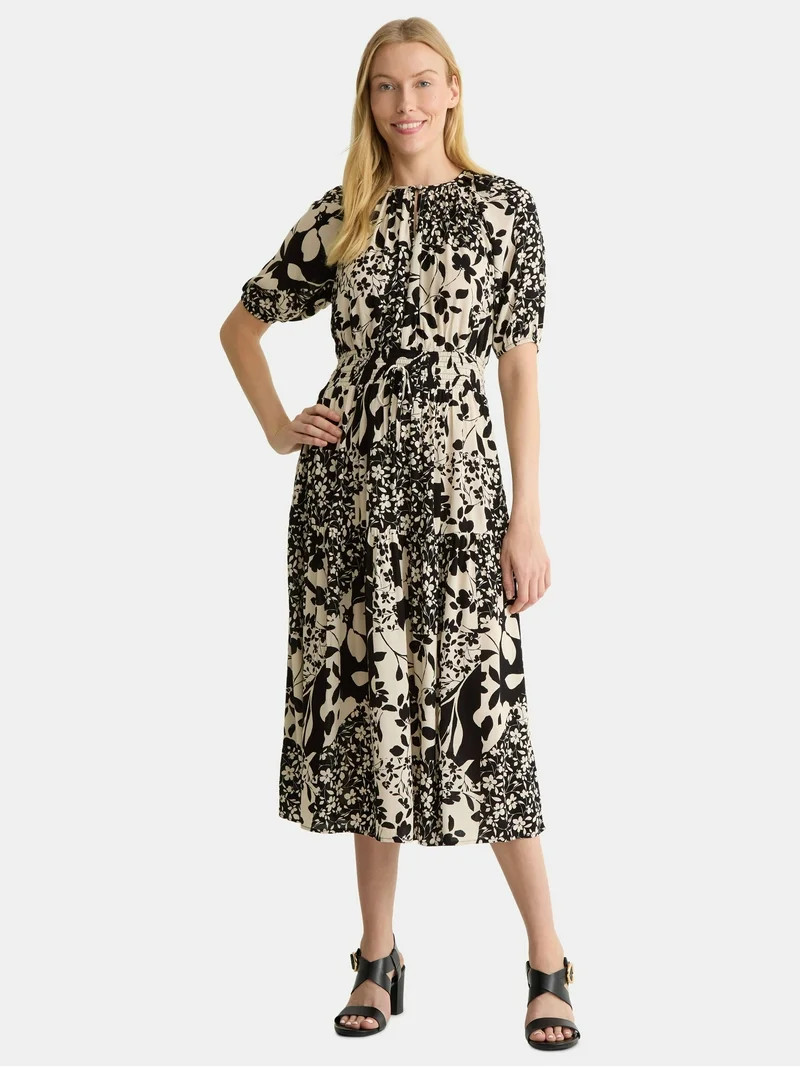 Time And Tru Women's Tiered Smocked Waist Midi Dress with Short Sleeves, Sizes XS-XXXL | Walmart (US)