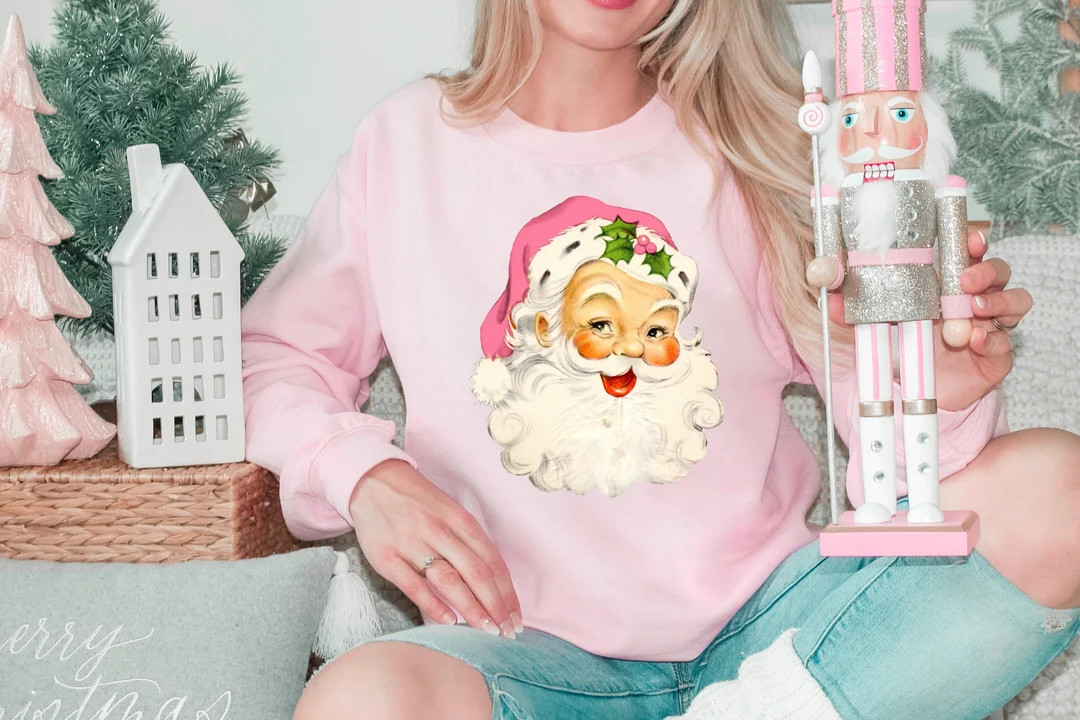 Pink Christmas Santa Sweatshirt, Retro Pink Santa Hat Sweater, Holiday Sweater, Classic Christmas... | Etsy (US)