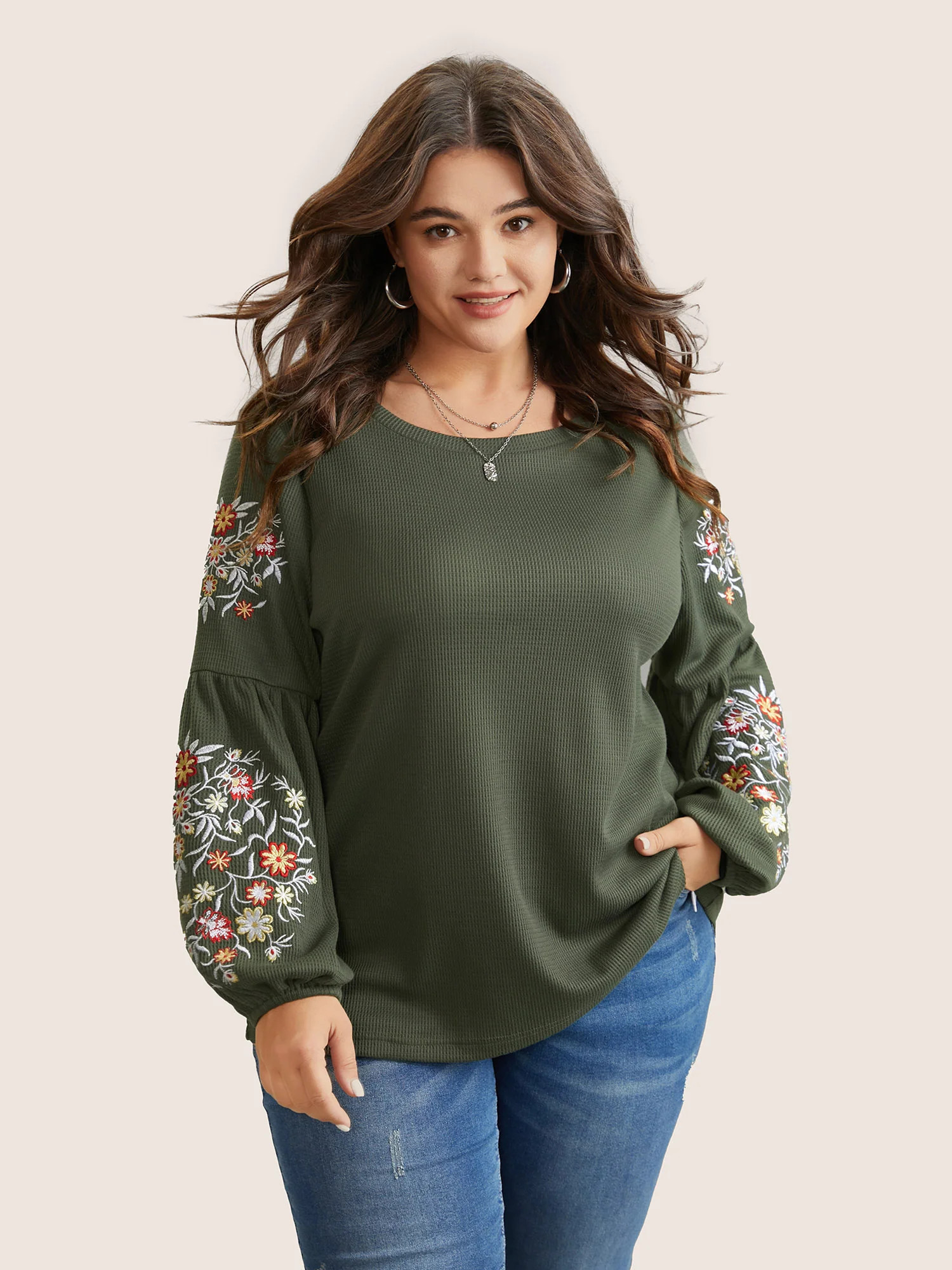 Waffle Knit Floral Embroidered Lantern Sleeve T-shirt | Bloomchic