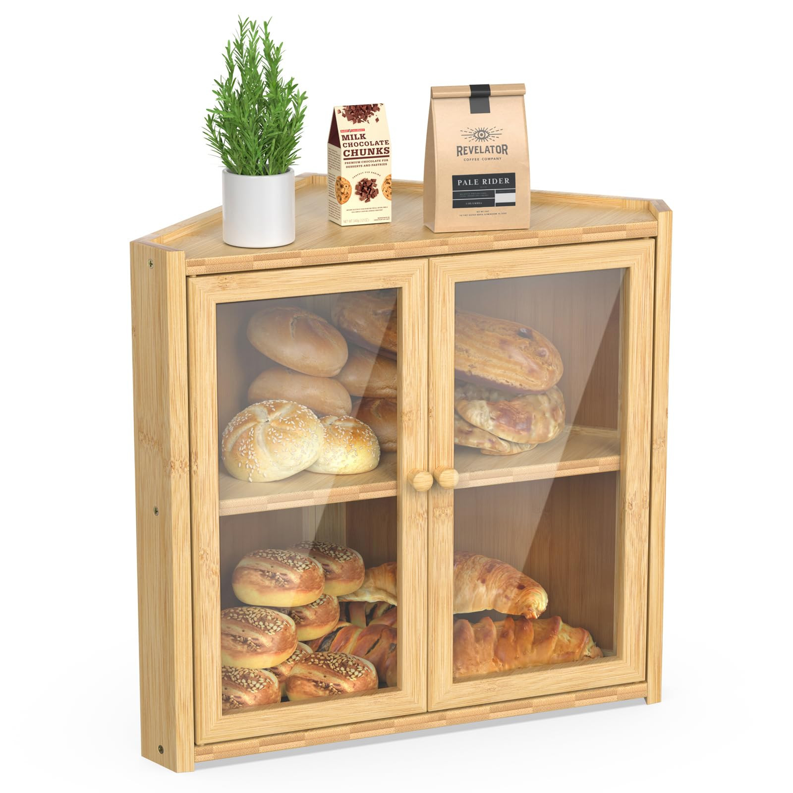 BAMBANG Corner Bread Box for Kitchen Countertop, Double Layer Bamboo Bread Storage Container with... | Amazon (US)