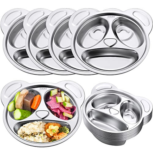 Lounsweer Set of 8 304 Stainless Steel Kids Plates 3 Sections Unbreakable Metal Plates for Kids Cute Panda Shape Compartment Plates for Toddler Picky Eaters, Lunch, Camping | Amazon (US)