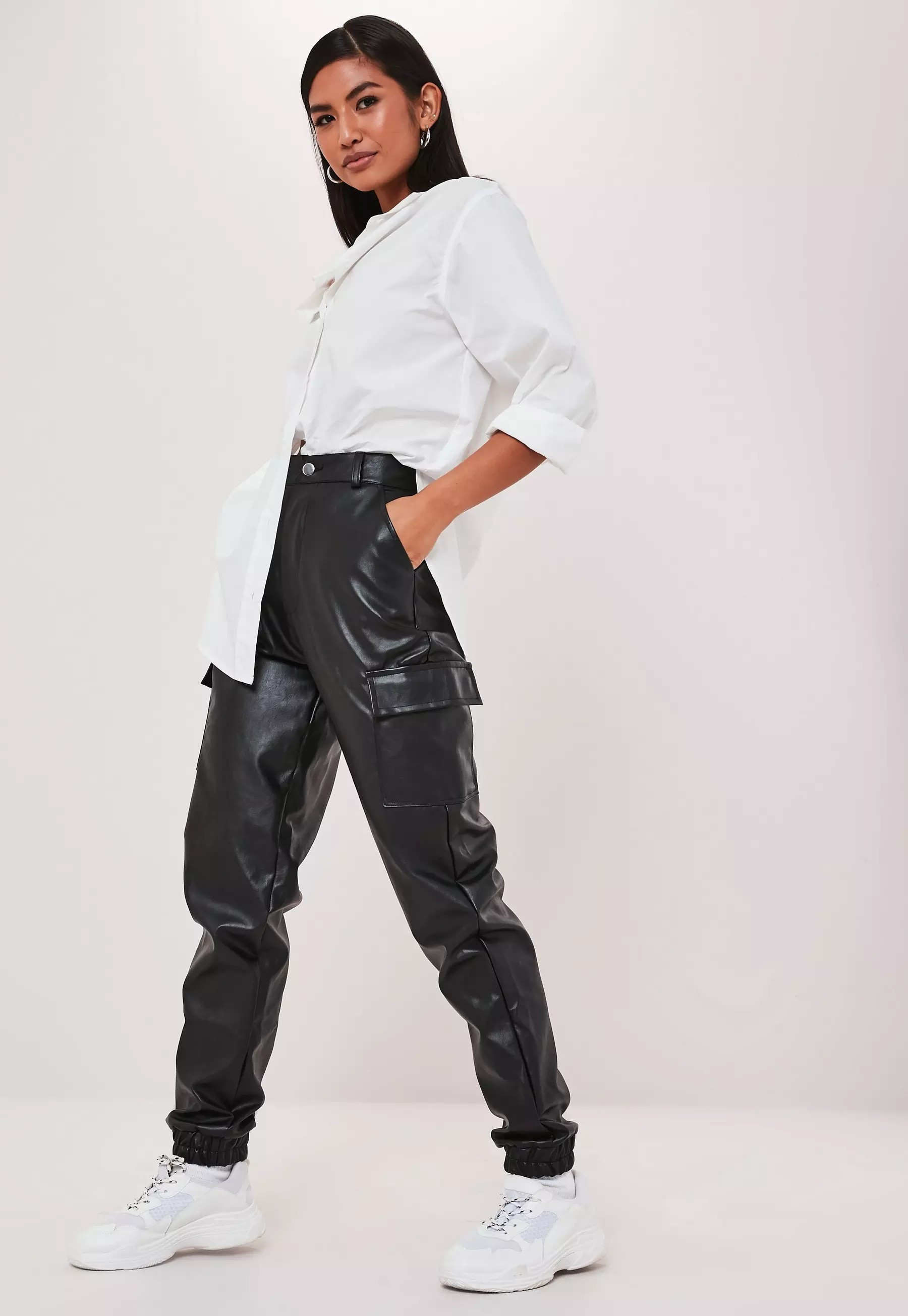 Black Faux Leather Cargo Pants | Missguided (US & CA)