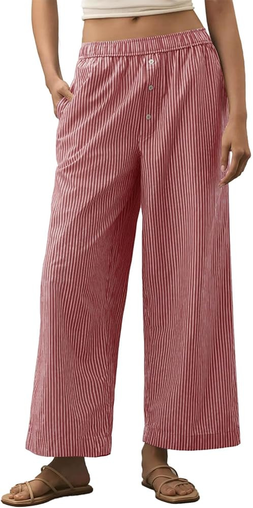 Tankaneo Womens Boxer Pants Striped Lounge Pajama Bottoms Elastic High Waisted Wide Leg Trousers ... | Amazon (US)