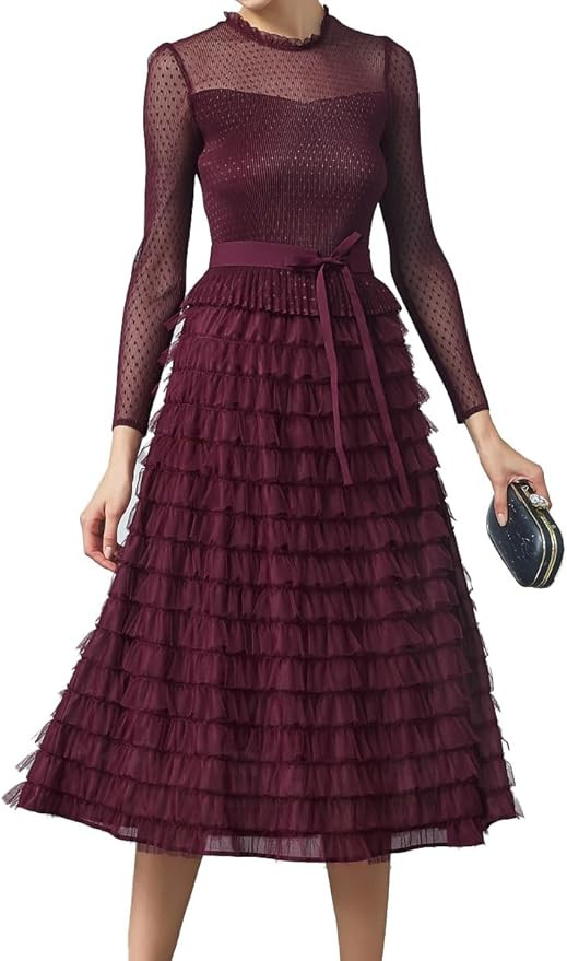 Women's Long Sleeve Mesh Layered Chiffon Midi Dresses for Wedding Guest, Cocktail, Prom, Evening ... | Amazon (US)
