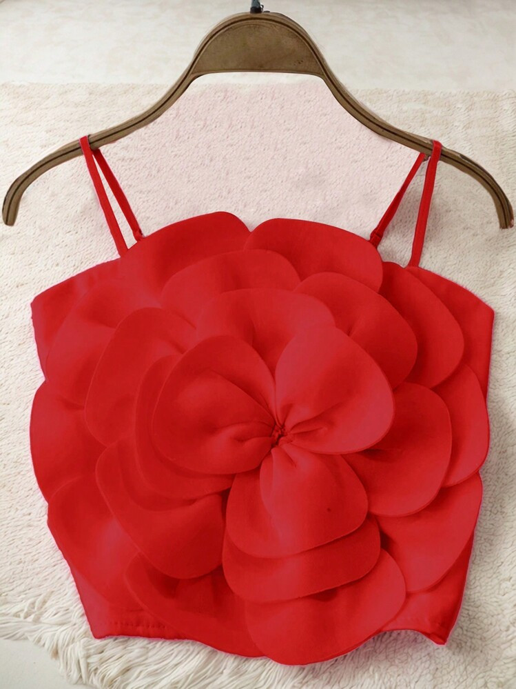 INAWLY Women's Solid Color Spaghetti Strap Floral Decor Casual Tank Top | SHEIN