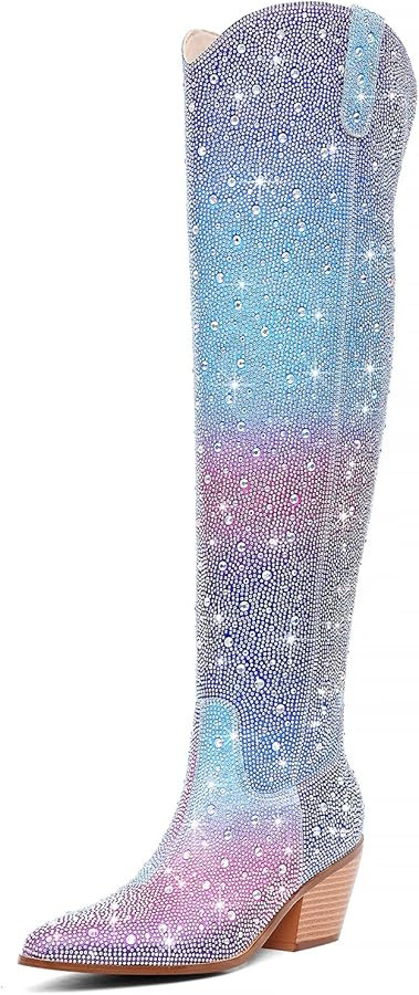 Women Rhinestone Over the Knee Cowboy Boots, Sparkly Bling Cowgirl Boots Western Thigh High Boots... | Amazon (US)