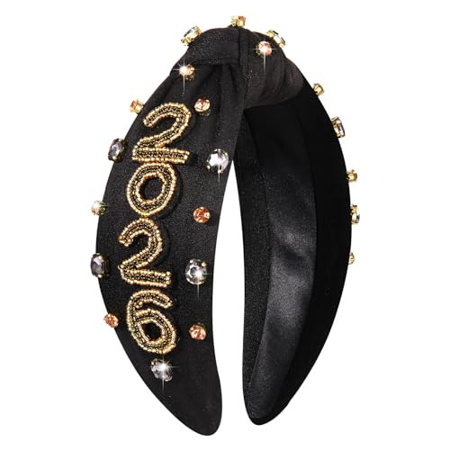 Happy New Year Headband for Women New Year’s Eve Accessories Gold Beaded NYE NEW YEAR Knotted Headband Holiday Rhinestone Jeweled Top Knot Hairband New Year Party Headwear Gifts (Year Numer 4) | Amazon (US)