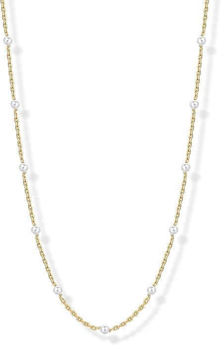 PAVOI 14K-18K Gold Plated Dainty Pearl Necklaces for Women - Station Beaded Choker Paperclip Chai... | Amazon (US)