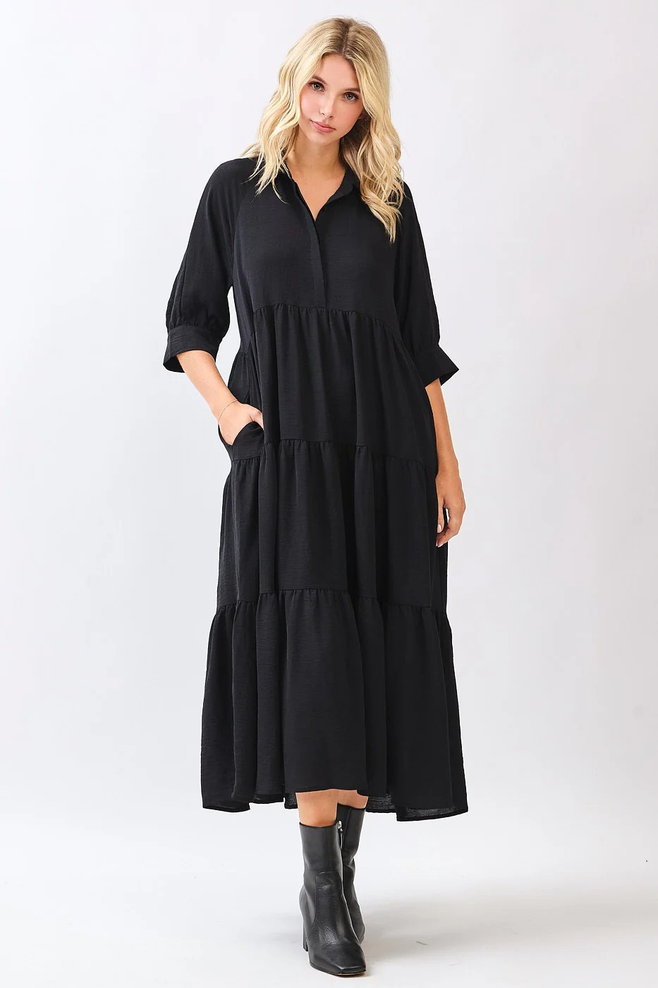 Black Collared Button Up Tiered Midi Dress | PinkBlush Maternity