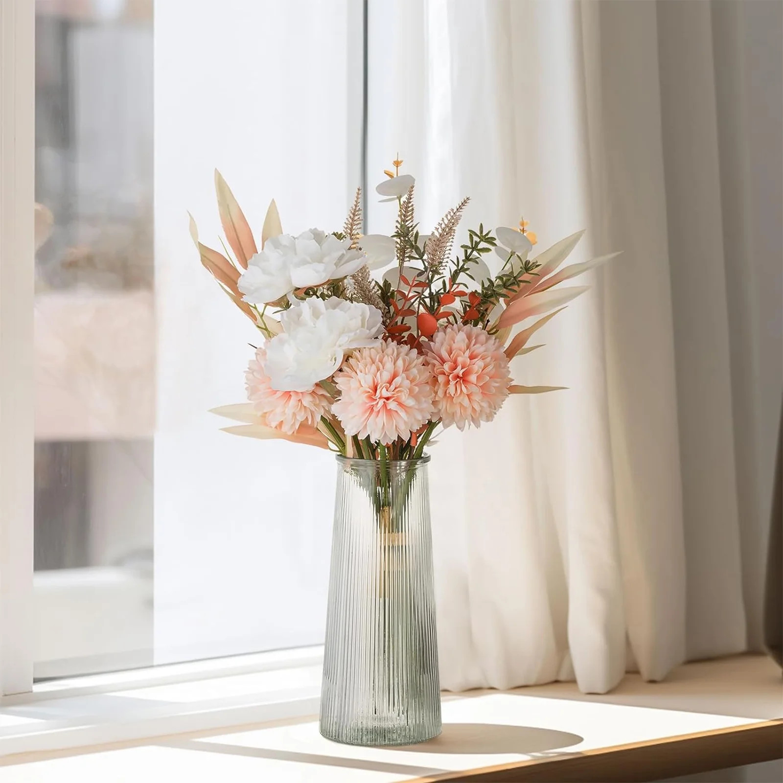 Blosmom Fake Flowers in Vase Set of 1 Champagne Pink Artificial Flower Bouquet in Glass Vase Silk... | Walmart (US)