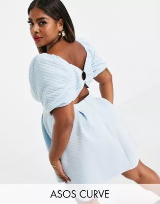 ASOS DESIGN Curve quilted puff sleeve cut our ring back aline mini dress | ASOS (Global)