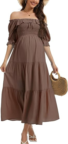Half Sleeve Maternity Maxi Dress, Off-Shoulder Ruffled Elegant Flowy Baby Shower Photoshoot Dress... | Amazon (US)