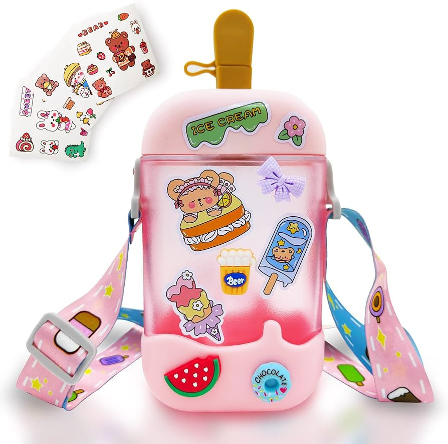 Kawaii Water Bottle Cute Ice Cream Water Bottles with Straw, Kawaii Popsicle Water Bottle with Ad... | Amazon (US)