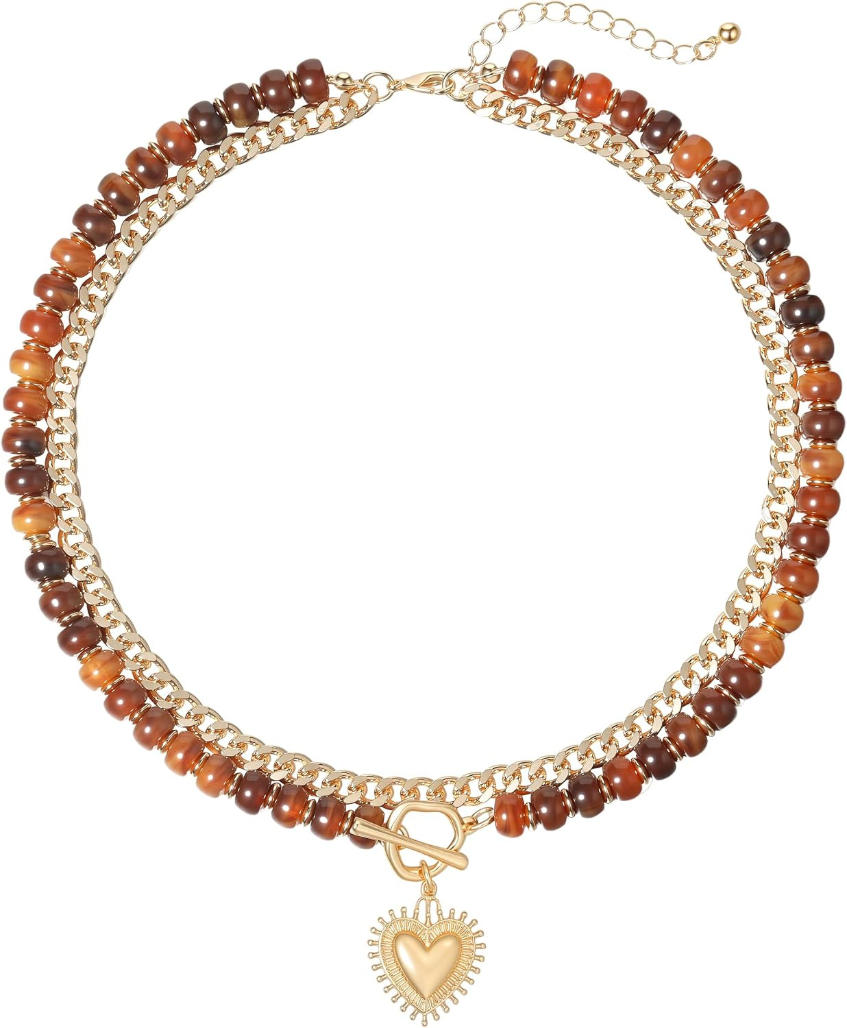 Layered Beaded Necklaces for Women,Colorful Beads Choker,Gold Heart Charm | Amazon (US)